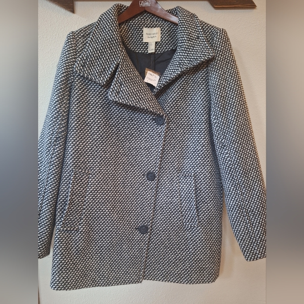 NWT Forever 21 Black/White Wool Blend Peacoat Button Front Womens L